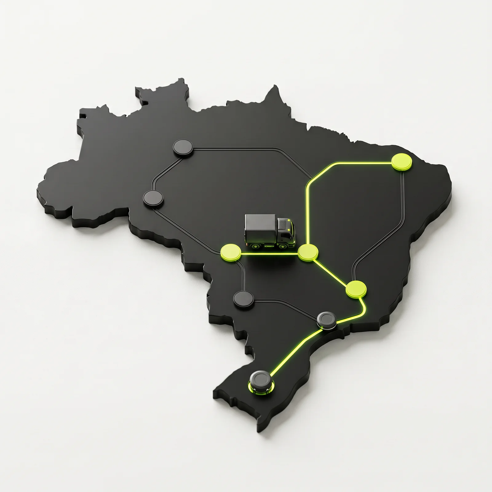 Stylized network map in graphite tones with circular nodes, thin routes, and an active lime route traveled by a small marker.