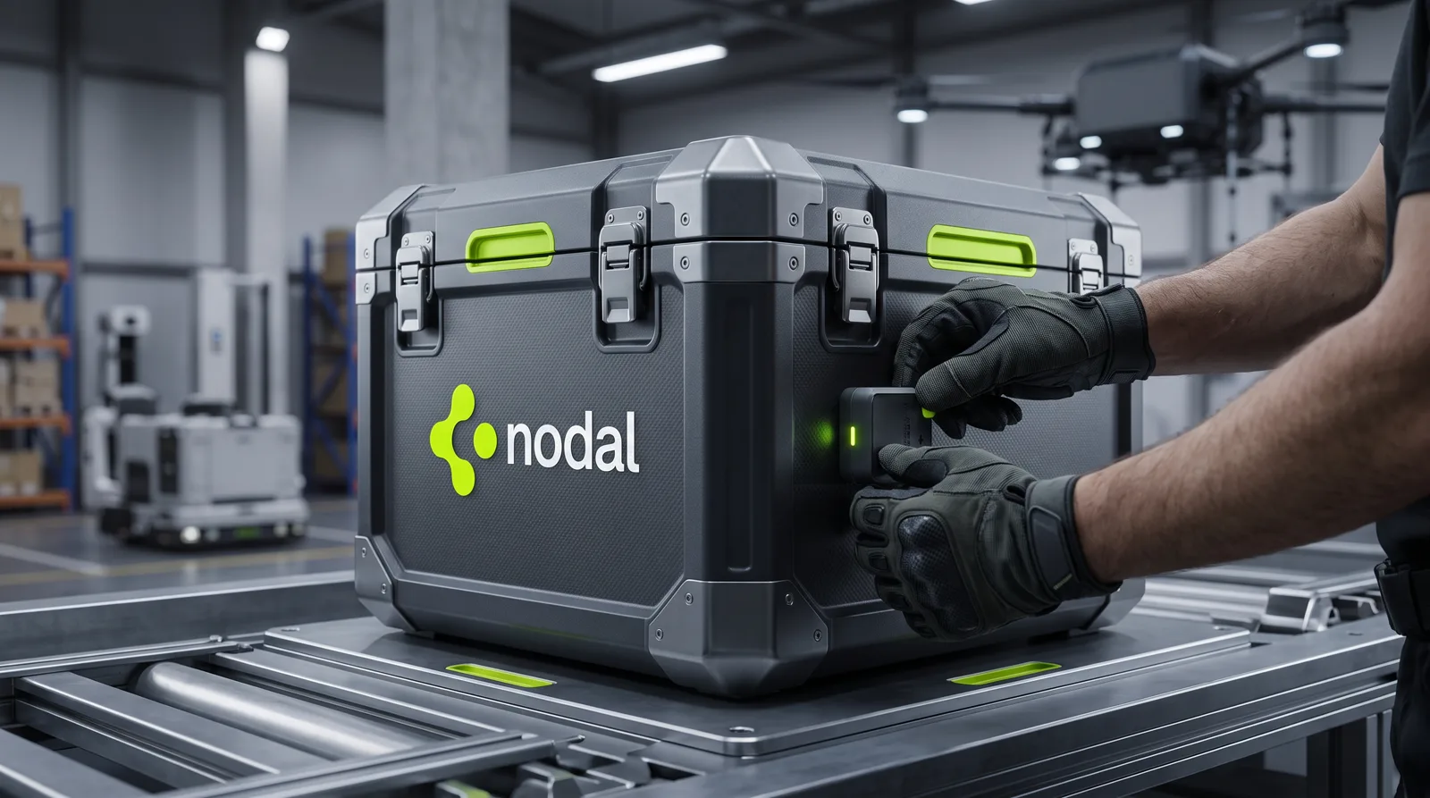 A gloved operator secures a NODAL container on the conveyor at a distribution center.