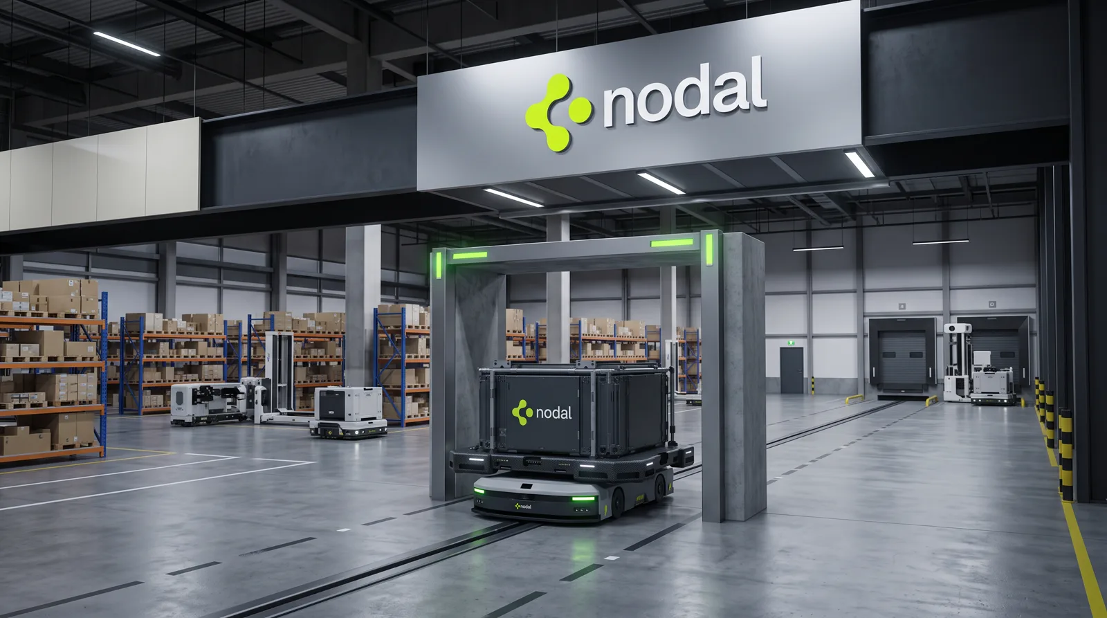 Autonomous vehicles carry NODAL containers through a scanning gate inside the warehouse.