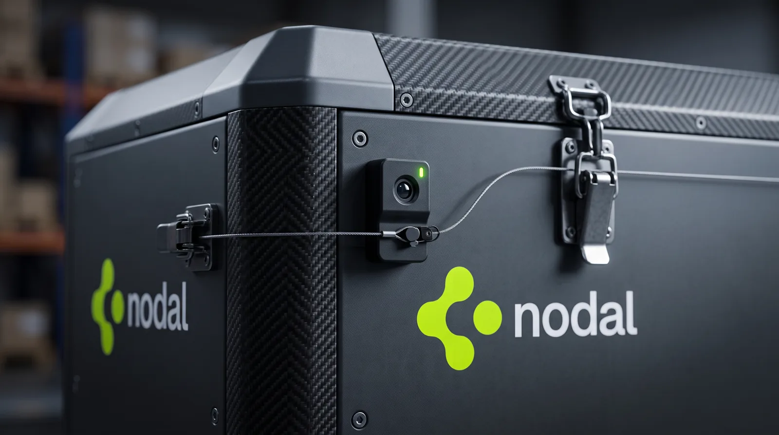 Close-up of a sealed NODAL container with a sensor and security lock on the lid.
